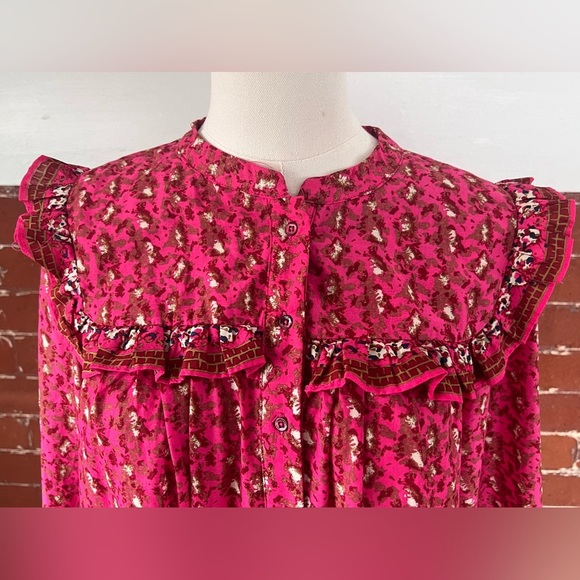Joie Floral Peasant Blouse Fuchsia Ruffled Button Down Prairie Shirt Deep Pink - Picture 7 of 15
